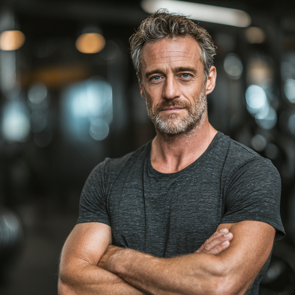 Confident mature man in his early 50s in gym setting, showing healthy lifestyle and fitness motivation
