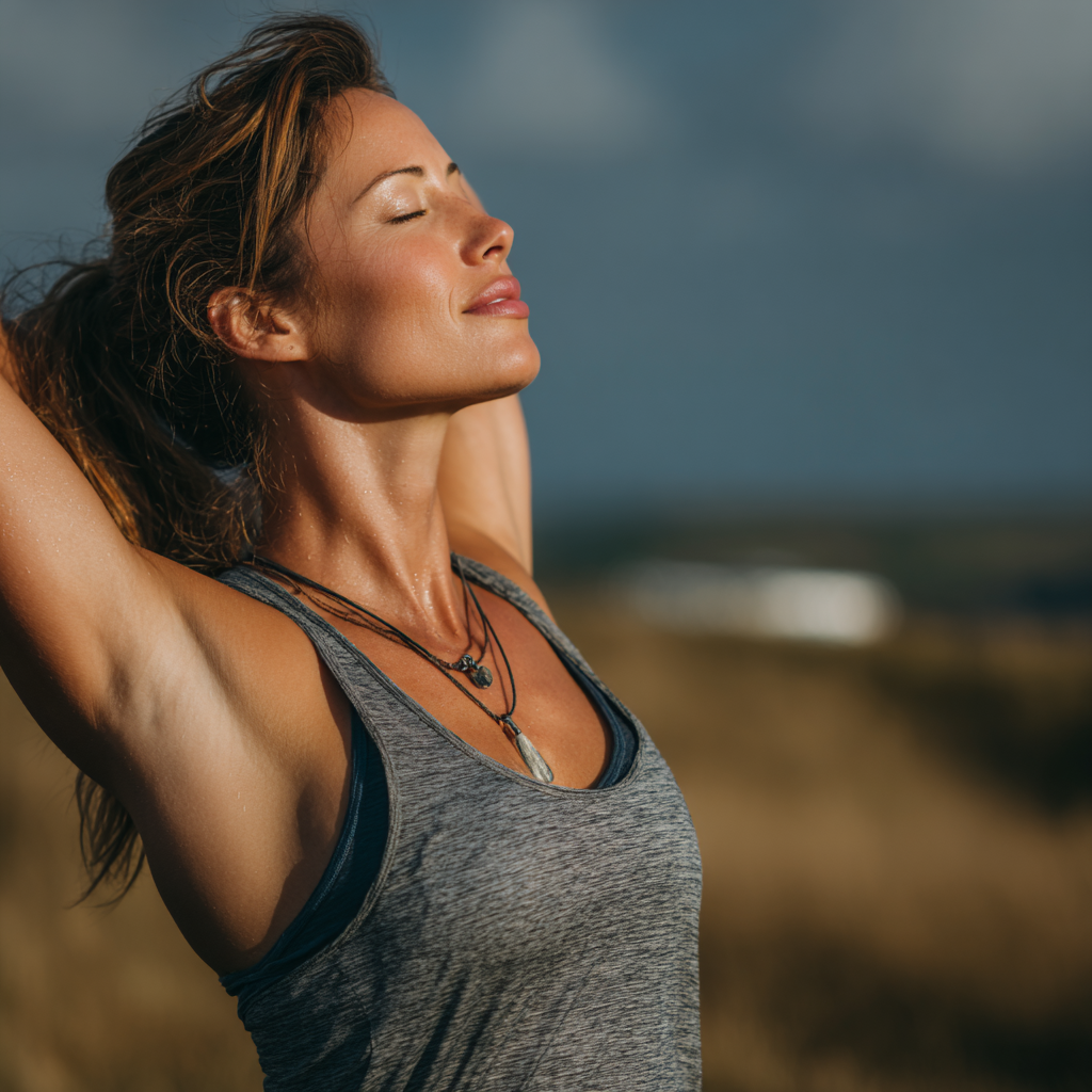 Happy woman in her 40s stretching outdoors in athletic wear, demonstrating flexibility and wellness in natural setting