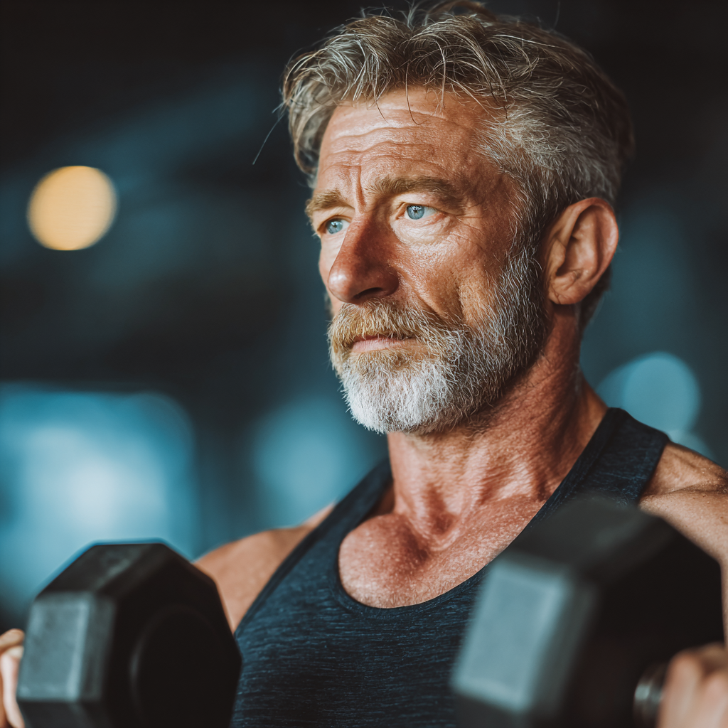 Mature fitness enthusiast in his 50s doing strength training with dumbbells in modern gym, showing determination and focus